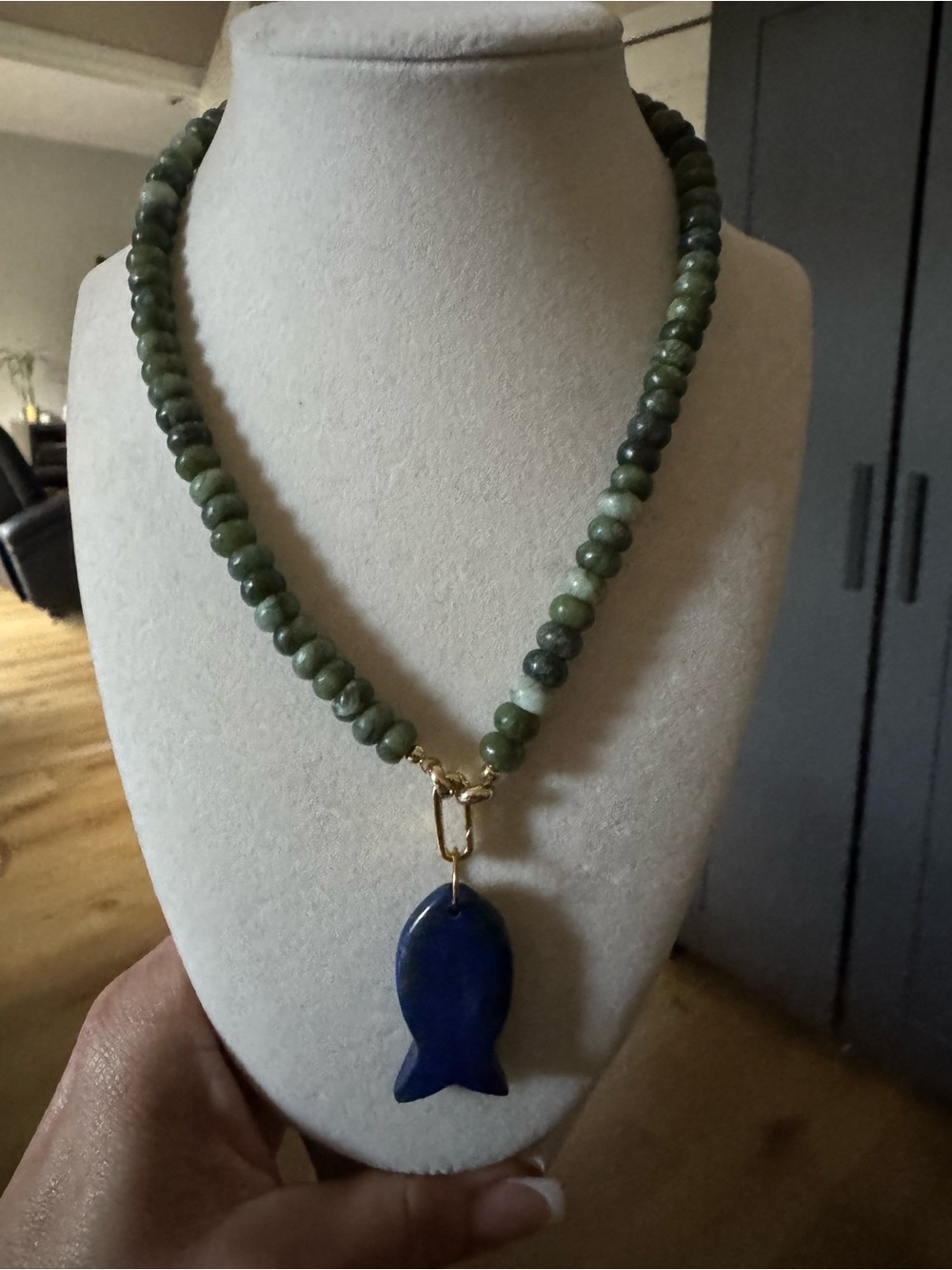 Green Beaded Necklace with Blue Fish Pendant